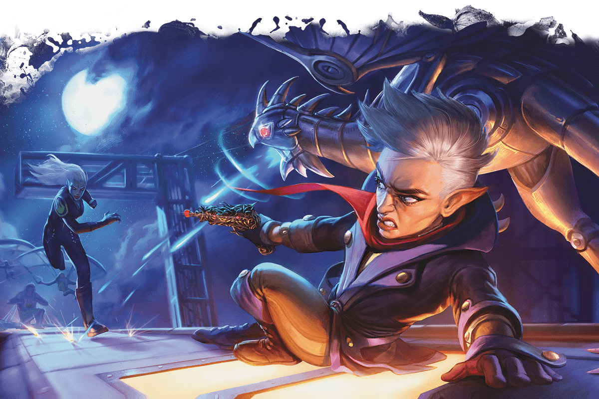Гномка-изобретательница Ви и её стальной защитник-куролиск бьются с противниками на крыше молниевого поезда