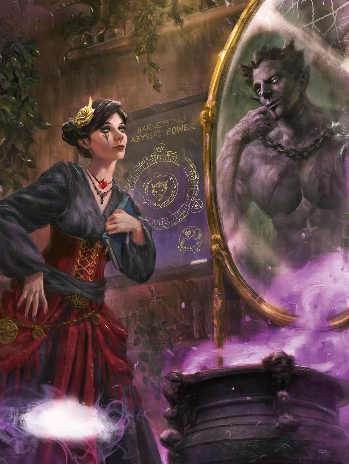 Таша обращается к лорду демонов Граз’зту через волшебное зеркало в своей лаборатории